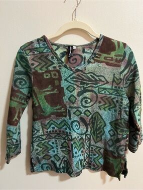 Winter Sun Aztec Print V-neck Top in Green and BrownY2K